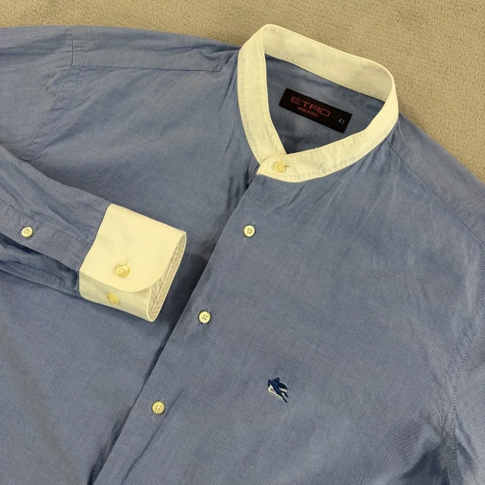 ETRO Chest Logo Mandarin Blade Collar Dress Shirt 41 Blue Contrast Cuffs Italy